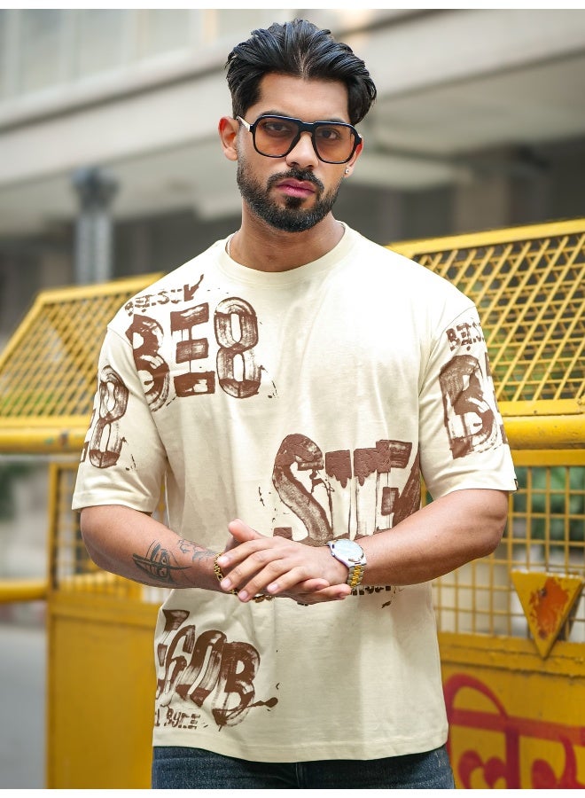 Maniac Maniac Mens Printed Suel Round Neck Half Sleeve Cream and Brown Cotton T-Shirt  - Image 2