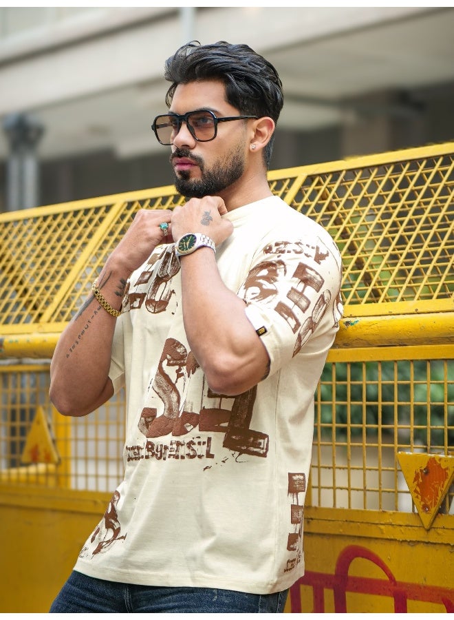 Maniac Maniac Mens Printed Suel Round Neck Half Sleeve Cream and Brown Cotton T-Shirt  - Image 3