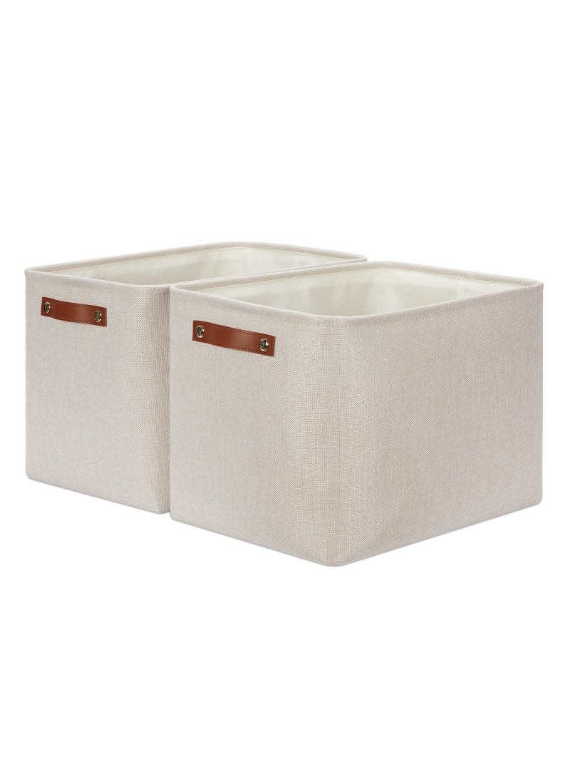 DULLEMELO DULLEMELO 2Pack Large Storage Baskets for Organizing 16x12x12 Canvas Fabric Storage Basket Bins With Leather Handles for Shelf Clothes Empty Gift Basket Beige 