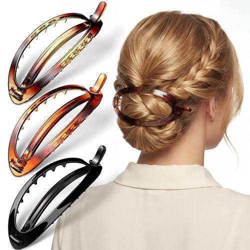 Yilloog 3 Pieces French Hair Barrette Clip French Clips Flexible Ponytail Holder Plain Strong Grip Closure Barrettes Styling No Metal Hair Accessories for Women Girls 3 Colors Oval Shape - Image 1