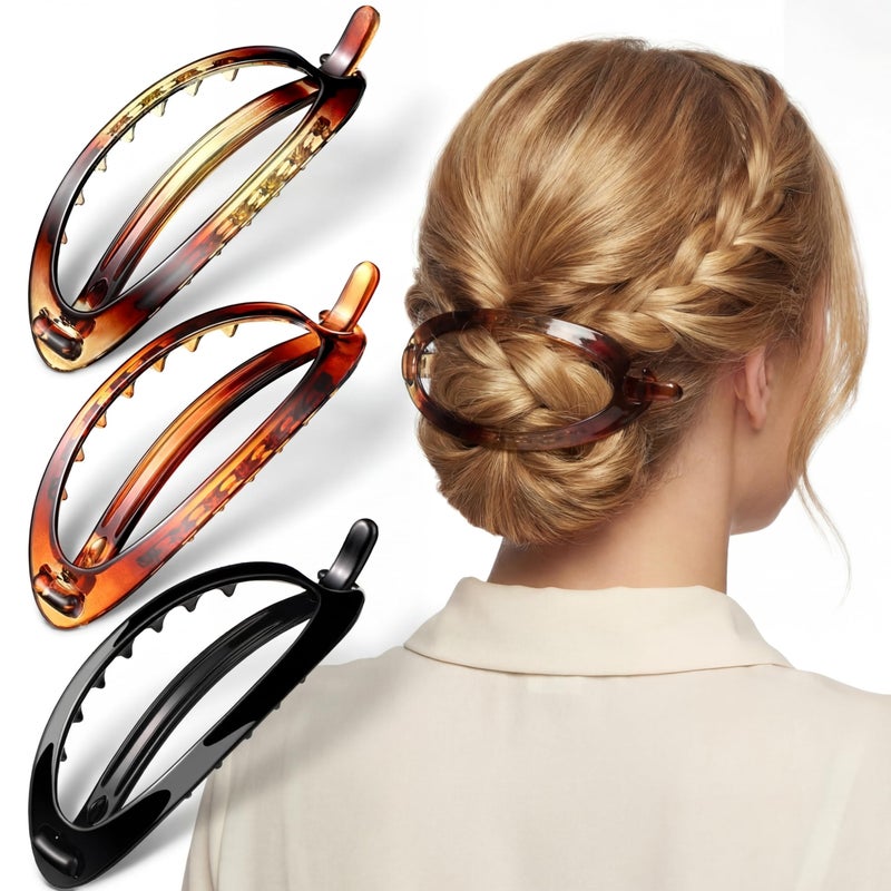 Yilloog 3 Pieces French Hair Barrette Clip French Clips Flexible Ponytail Holder Plain Strong Grip Closure Barrettes Styling No Metal Hair Accessories for Women Girls 3 Colors Oval Shape - Image 2