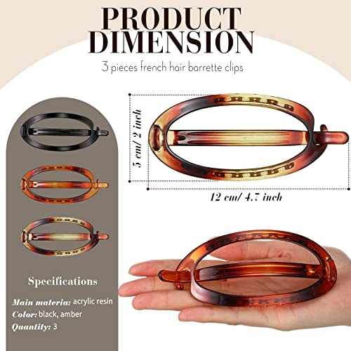 Yilloog 3 Pieces French Hair Barrette Clip French Clips Flexible Ponytail Holder Plain Strong Grip Closure Barrettes Styling No Metal Hair Accessories for Women Girls 3 Colors Oval Shape - Image 3
