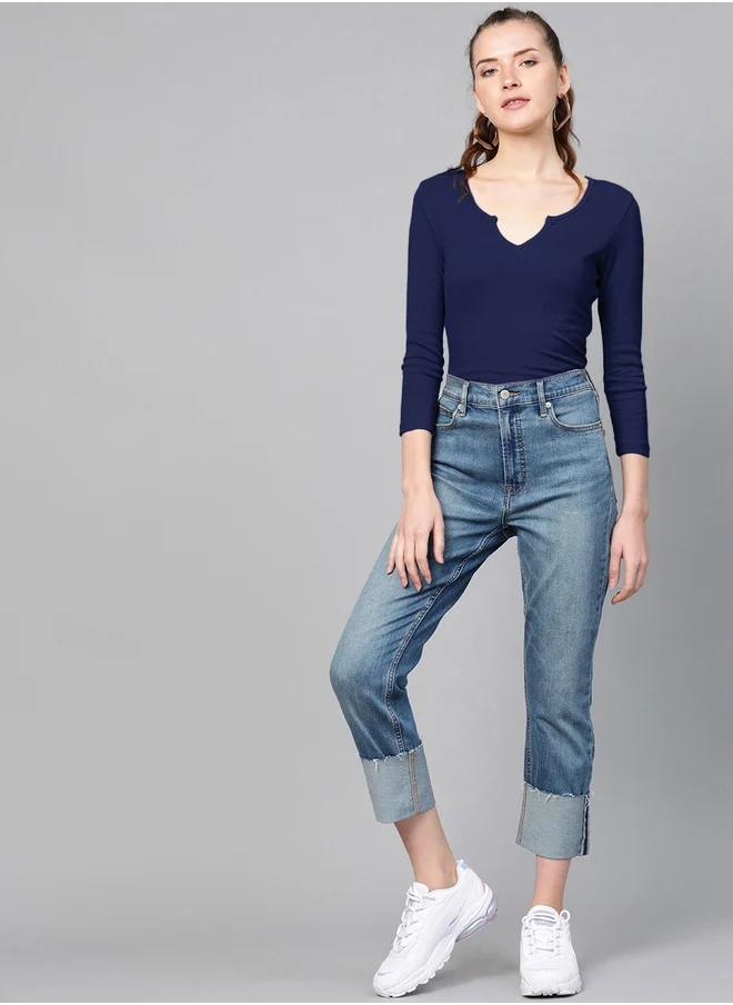 ساسافراس Ribbed Notch Neck Long Sleeve Top