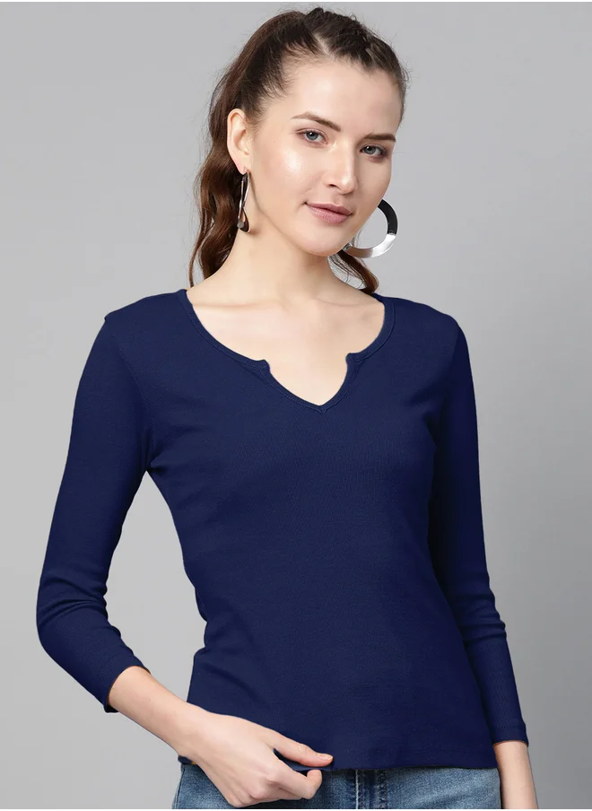 ساسافراس Ribbed Notch Neck Long Sleeve Top