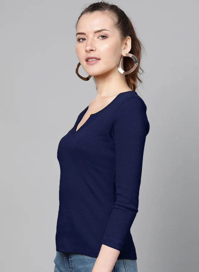 SASSAFRAS Ribbed Notch Neck Long Sleeve Top