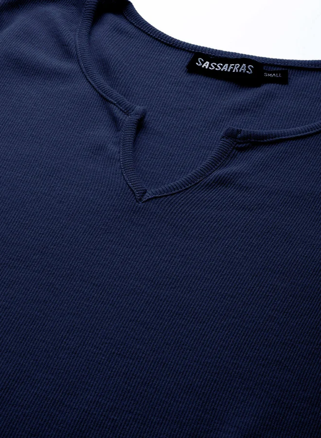 SASSAFRAS Ribbed Notch Neck Long Sleeve Top
