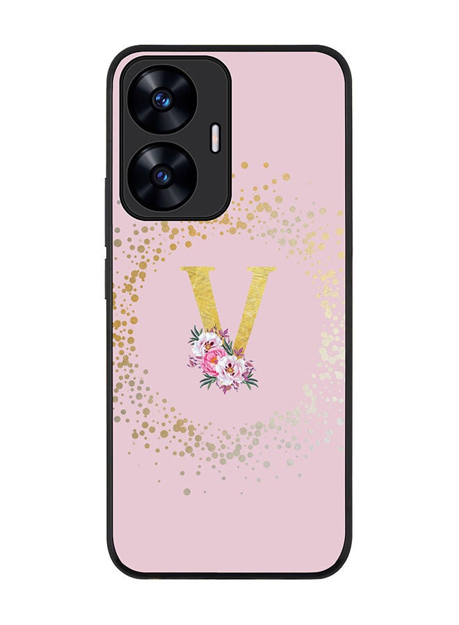 Stylizedd Rugged Black edge case for Realme C55 4G Slim fit Soft Case Flexible Rubber Edges Anti Drop TPU Cover -  Custom Monogram Initial Letter Floral Pattern Alphabet - V  (Pink ) - Image 1