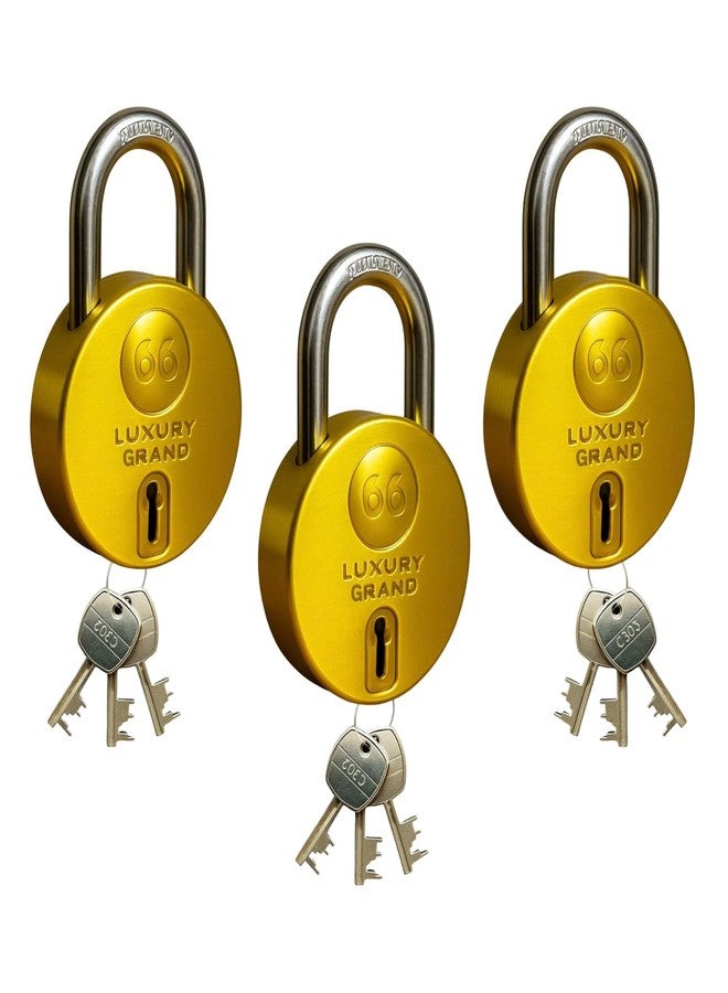 ONEPRO Luxury Grand Round 66mm 3 Padlock with 9 Keys, 9 Steel Levers Double Locking, Strong Hardened Corrosion Resistant Shackle Lock and Keys for Home Door Shutter Shop Office Main Gate Gold Finish - Image 1