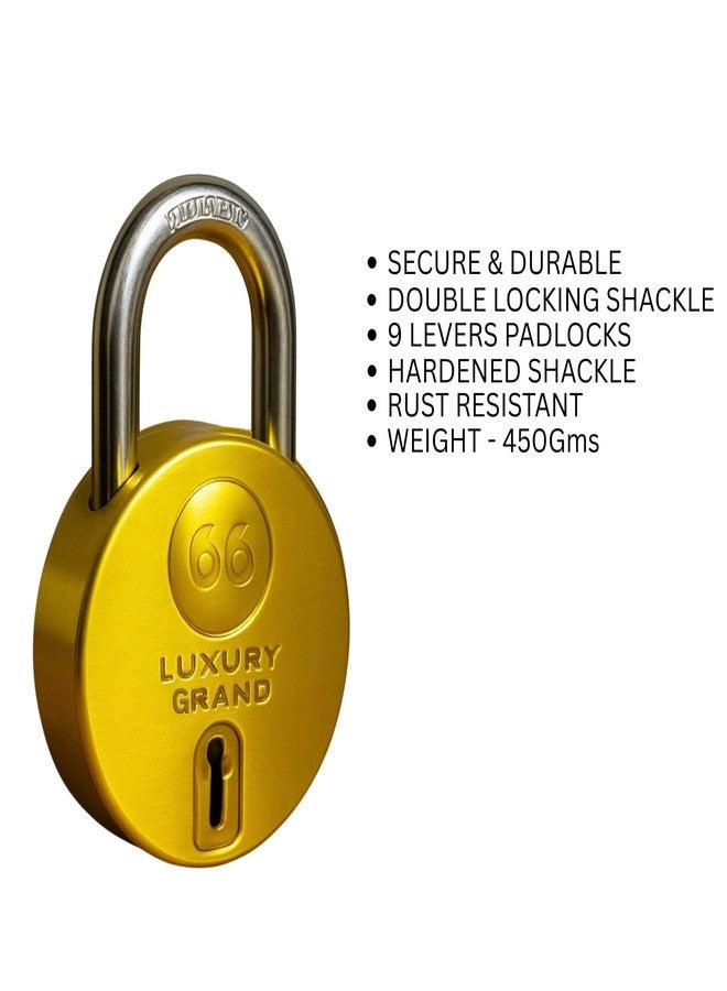 ONEPRO Luxury Grand Round 66mm 3 Padlock with 9 Keys, 9 Steel Levers Double Locking, Strong Hardened Corrosion Resistant Shackle Lock and Keys for Home Door Shutter Shop Office Main Gate Gold Finish - Image 3