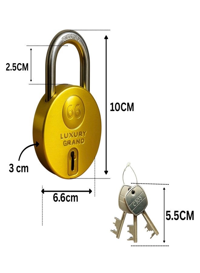 ONEPRO Luxury Grand Round 66mm 3 Padlock with 9 Keys, 9 Steel Levers Double Locking, Strong Hardened Corrosion Resistant Shackle Lock and Keys for Home Door Shutter Shop Office Main Gate Gold Finish - Image 2