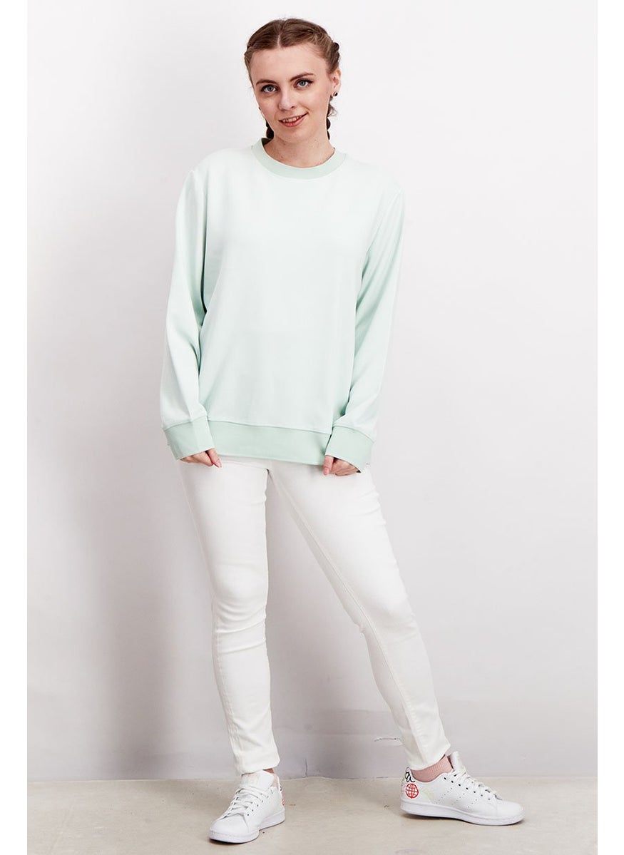 Tchibo Women Crew Neck Plain Sweatshirt, Tea Green  - Image 3