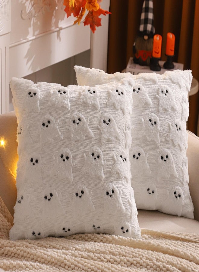 LUOYEHK Halloween Pillow Covers 18x18 Set of 2 White Ghost Decorative Pillow Cases Holiday Soft Plush Faux Fur Cushion Covers for Couch Sofa Bed - Image 1