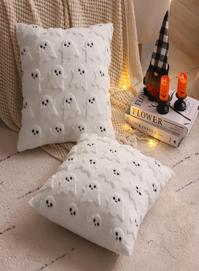 LUOYEHK Halloween Pillow Covers 18x18 Set of 2 White Ghost Decorative Pillow Cases Holiday Soft Plush Faux Fur Cushion Covers for Couch Sofa Bed - Image 2