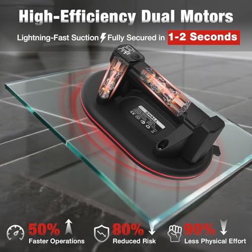 SHALL Electric Suction Cup 10 in Diameter 2 Brushless Motors 300 KG 660 lbs Suction Power LCD Display for Suction Power Battery Level Heavy Duty Vacuum Lifter for Glass Tile Marble Metal - Image 3