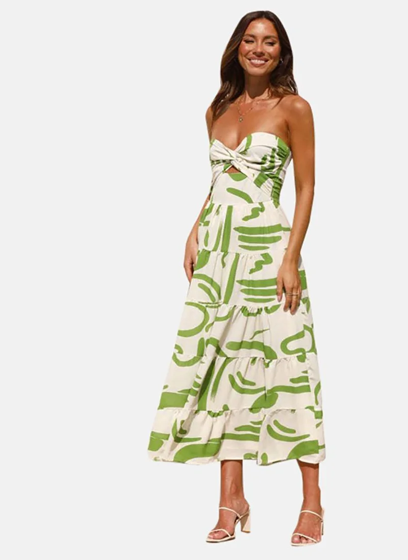 يونيكي Green Abstract Printed Strapless Fit and Flare A-Line Midi Dress