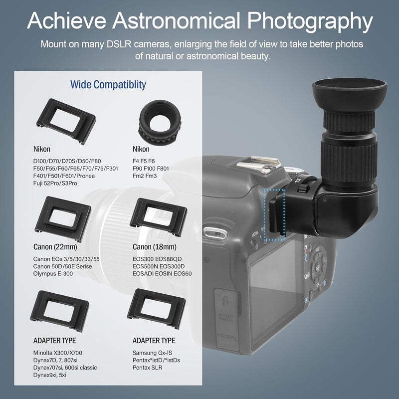 Astromania Right Angle Viewfinder 1X/2.5X Magnification with 6 Mounting Telescope Adapters for DSLR Cameras Such as Canon, Nikon, Pentax, Minolta, Dynax, Samsung, Olympus - Image 3