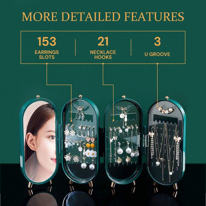 Spaceshoop J JINPEI Women small travel jewelry case, chain earrings and ring holder case, folding jewelry storage box with mirror display rack chain jewelry organizer with mirror (green) - Image 4