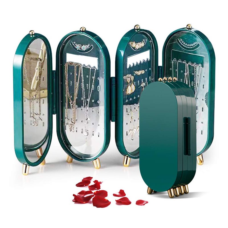 Spaceshoop J JINPEI Women small travel jewelry case, chain earrings and ring holder case, folding jewelry storage box with mirror display rack chain jewelry organizer with mirror (green) - Image 1