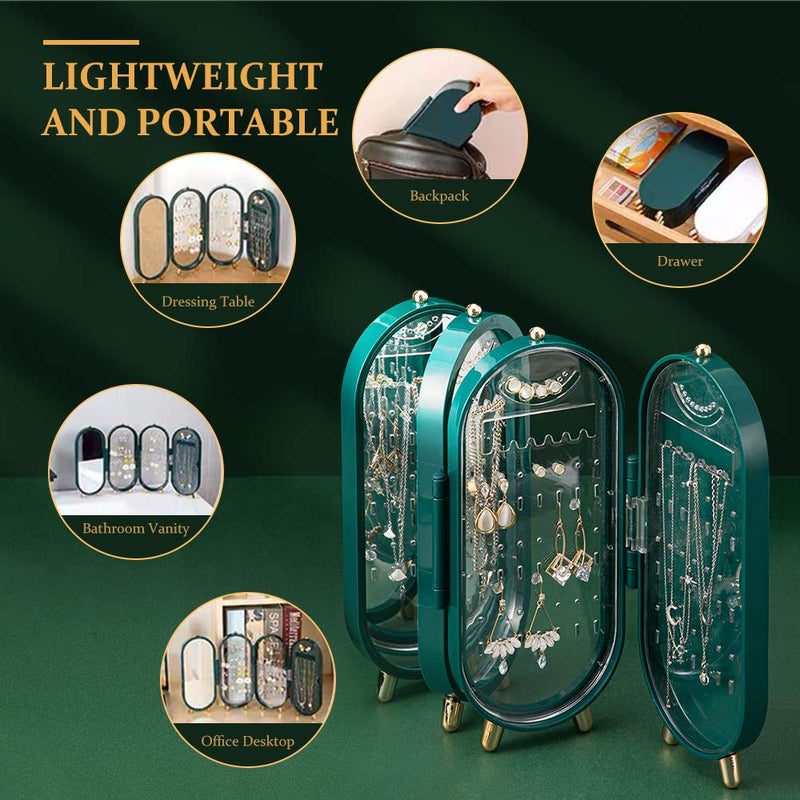 Spaceshoop J JINPEI Women small travel jewelry case, chain earrings and ring holder case, folding jewelry storage box with mirror display rack chain jewelry organizer with mirror (green) - Image 3