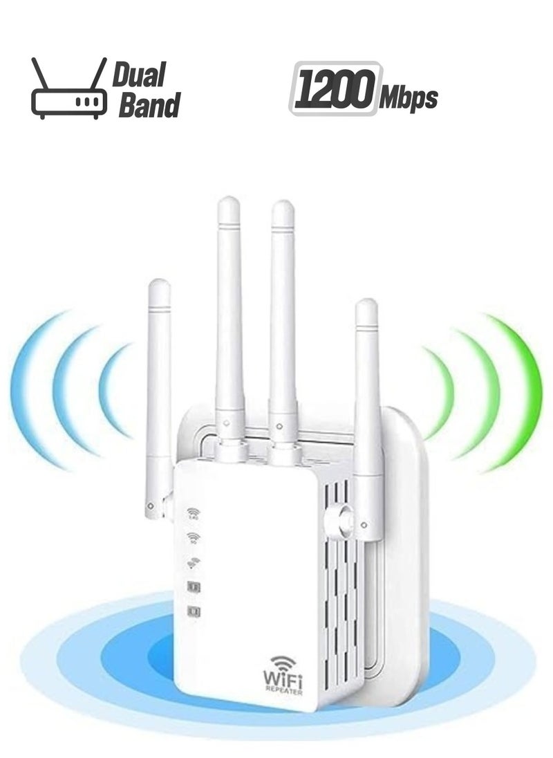 Generic WiFi Extender - Wireless Signal Repeater Booster up to 9800 sq.ft - 1200Mbps Wall-Through Strong WiFi Booster-Dual Band 2.4G and 5G - 4 Antennas 360 Degree Full Coverage  - Image 1