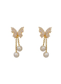 Chic S925 Silver Butterfly Pearl Tassel Stud Earrings Zircon butterfly pearl tassel earrings (thick gold plating)