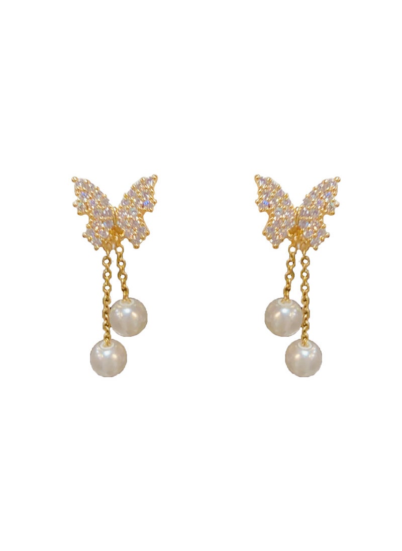 Generic - Chic S925 Silver Butterfly Pearl Tassel Stud Earrings Zircon butterfly pearl tassel earrings (thick gold plating) - Image 1