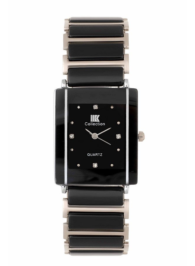 اي اي كيه كوليكشن ساعة يد أنالوجية بسوار معدني وسلسلة بقرص مرصع مستطيل الشكل من مجموعة IIK للرجال والأولاد - Image 1
