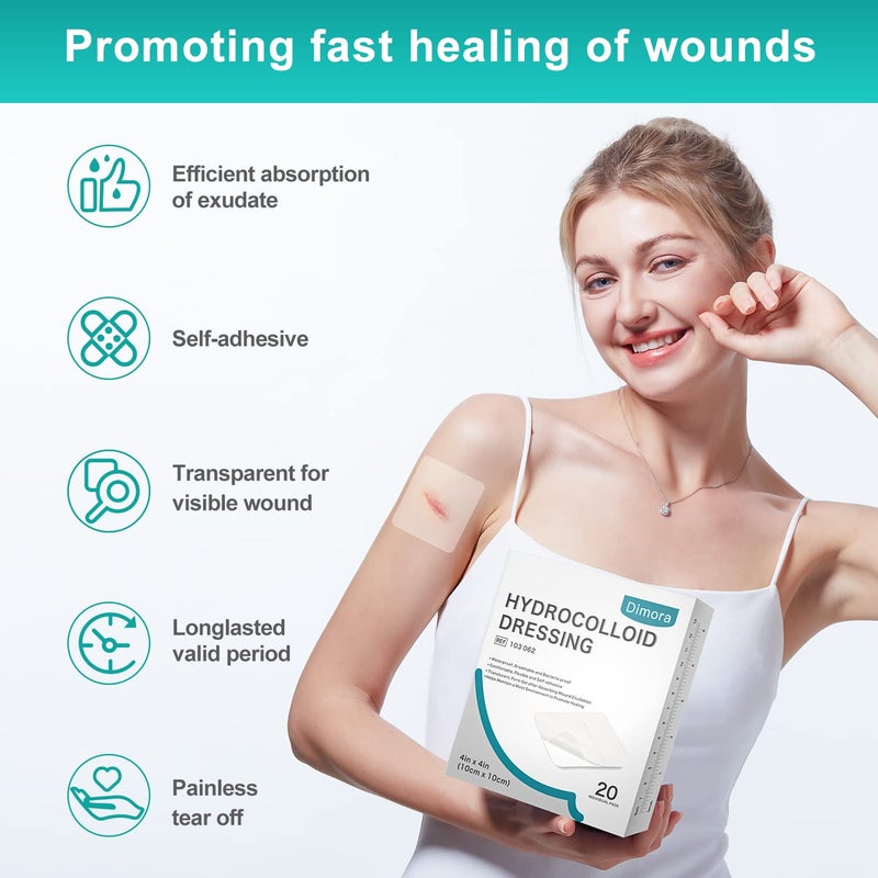 Dimora 20 Pack Hydrocolloid Wound Dressing, Ultra Thin 4" x 4" Large Patch Bandages with Self-Adhesive - Image 4
