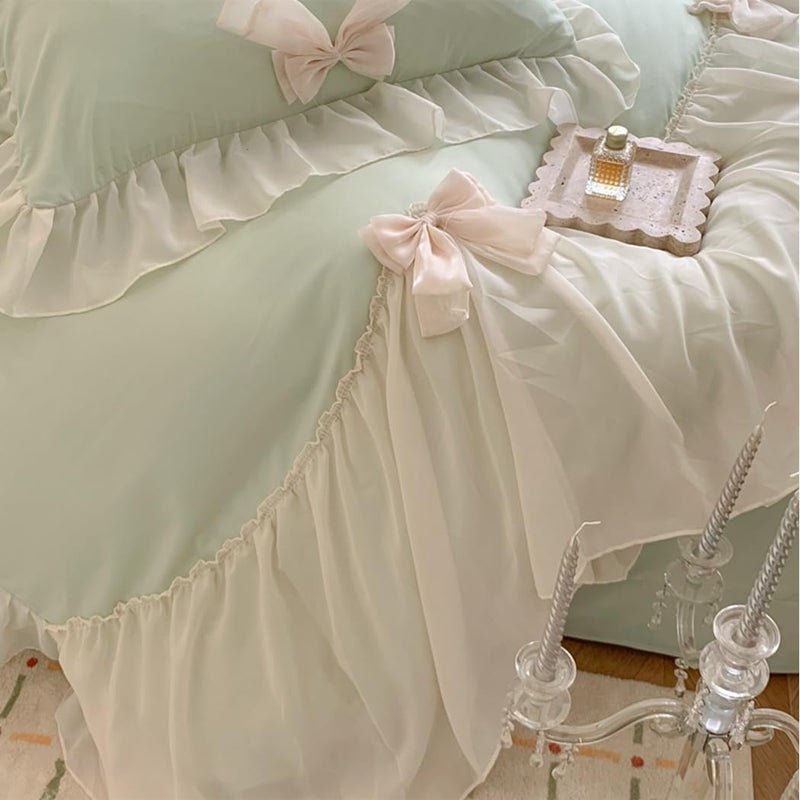 SOUKECHY Girls Lace Bedding  Queen Comforter Cover Set  Chic Ruffled Duvet Cover with Lovely Bow Princess Style 1 Duvet Cover with 2 Pillowcases  No Comforter-Green Queen Size - Image 5