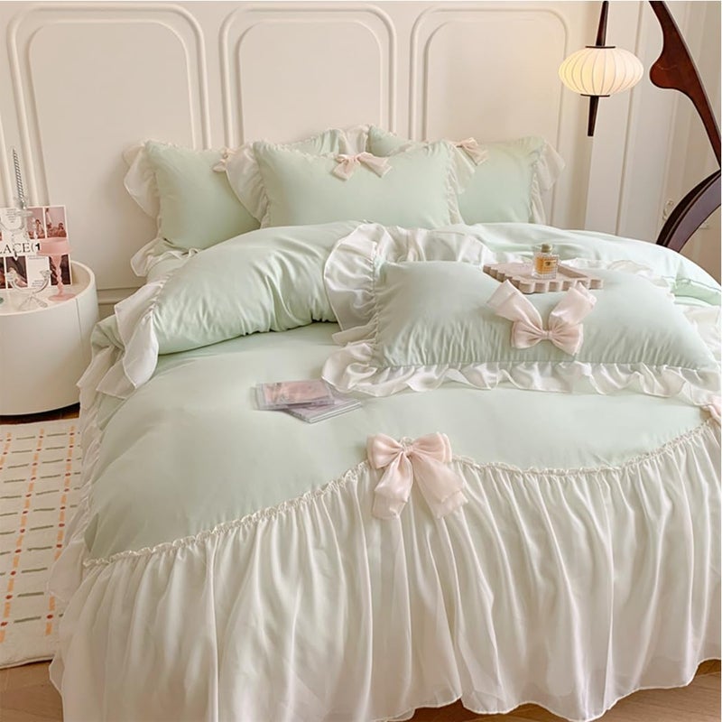 SOUKECHY Girls Lace Bedding  Queen Comforter Cover Set  Chic Ruffled Duvet Cover with Lovely Bow Princess Style 1 Duvet Cover with 2 Pillowcases  No Comforter-Green Queen Size - Image 2