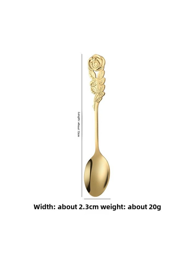 304 Short Handle Stainless Steel Fork Spoon Set Rose Flower Fruit Fork Creative Coffee Mixing Spoon Dessert Spoon Spoon-Color:Golden Pointed Spoon - Image 1