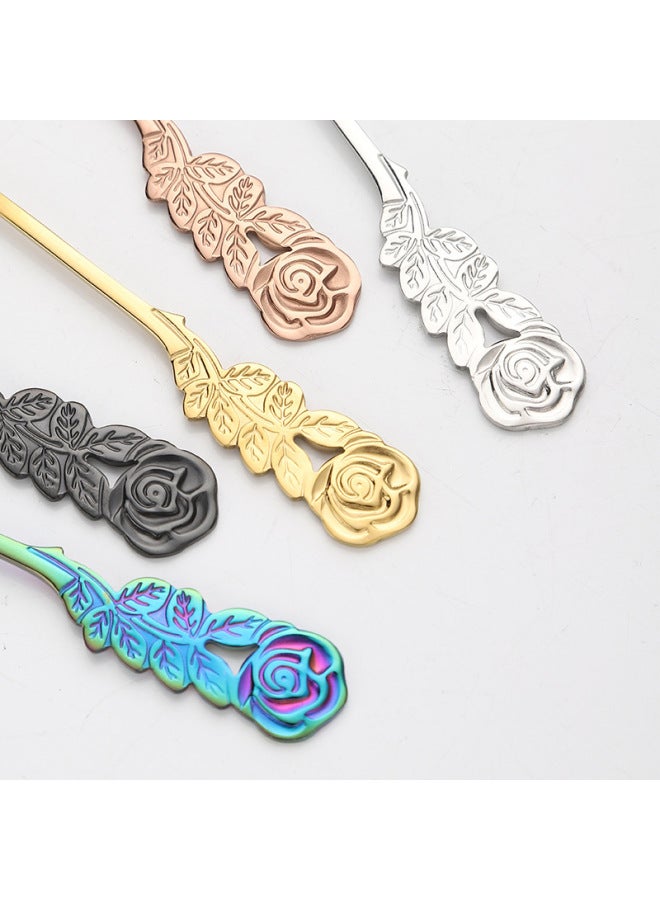 304 Short Handle Stainless Steel Fork Spoon Set Rose Flower Fruit Fork Creative Coffee Mixing Spoon Dessert Spoon Spoon-Color:Golden Pointed Spoon - Image 4