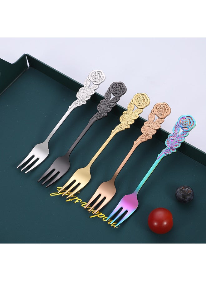 304 Short Handle Stainless Steel Fork Spoon Set Rose Flower Fruit Fork Creative Coffee Mixing Spoon Dessert Spoon Spoon-Color:Golden Pointed Spoon - Image 3