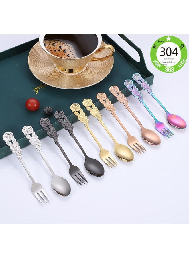 304 Short Handle Stainless Steel Fork Spoon Set Rose Flower Fruit Fork Creative Coffee Mixing Spoon Dessert Spoon Spoon-Color:Golden Pointed Spoon - Image 2