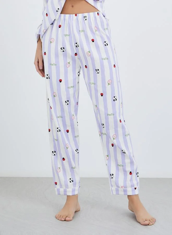 Styli Styli Striped Graphic Print Cotton Shirt and Pyjama Set
