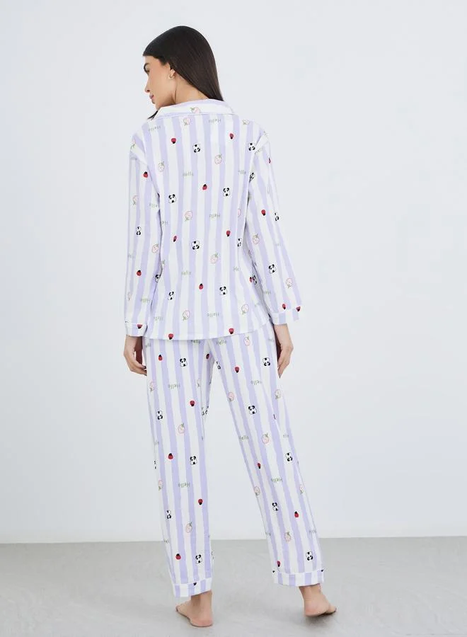 Styli Styli Striped Graphic Print Cotton Shirt and Pyjama Set