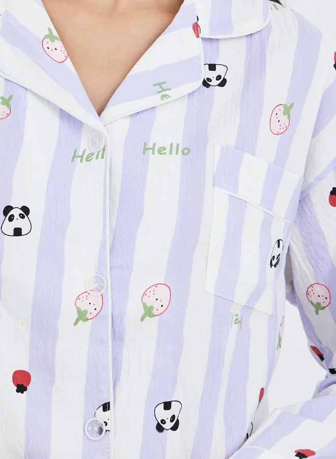 Styli Styli Striped Graphic Print Cotton Shirt and Pyjama Set