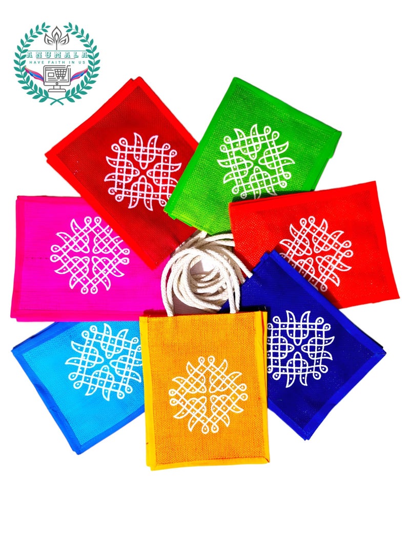 Anumala® Jute Bags with Contrast Ganesh And Kolam Art | Thamboolam And Jute Bags|Wedding Return Gifts|Birthday Return Gifts|Event Return gifts Bag|Multicolor (10x8x4) inches - Image 2