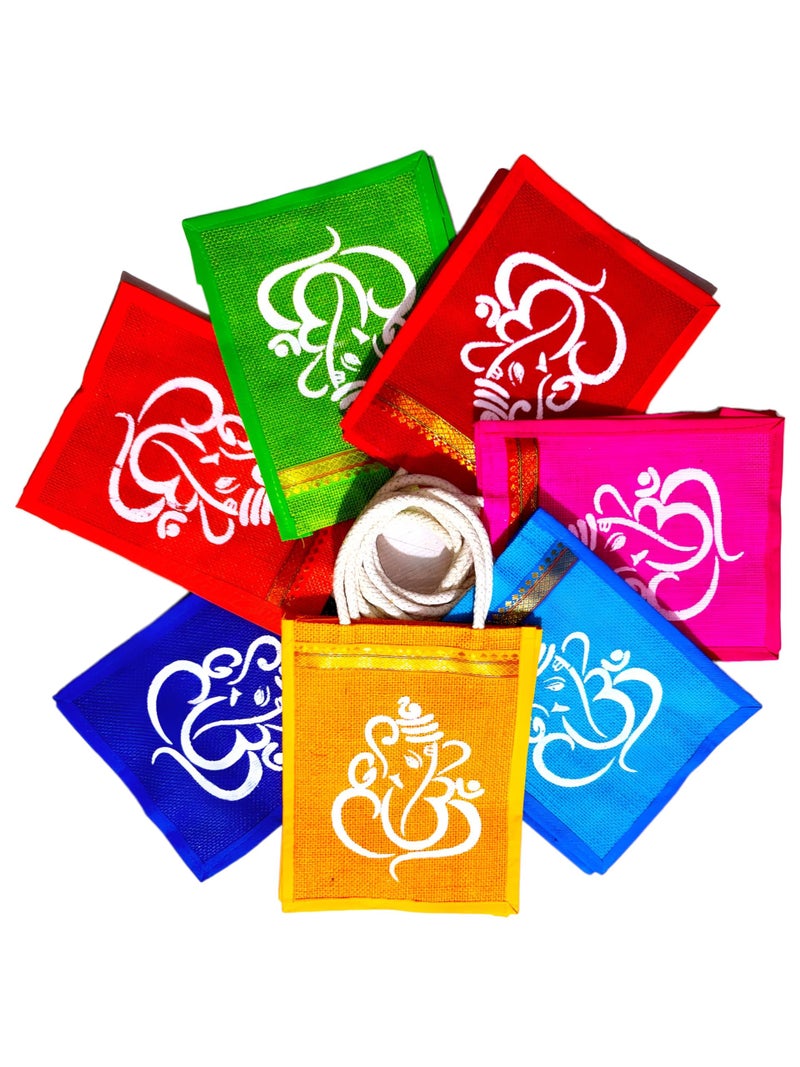 Anumala® Jute Bags with Contrast Ganesh And Kolam Art | Thamboolam And Jute Bags|Wedding Return Gifts|Birthday Return Gifts|Event Return gifts Bag|Multicolor (10x8x4) inches - Image 1
