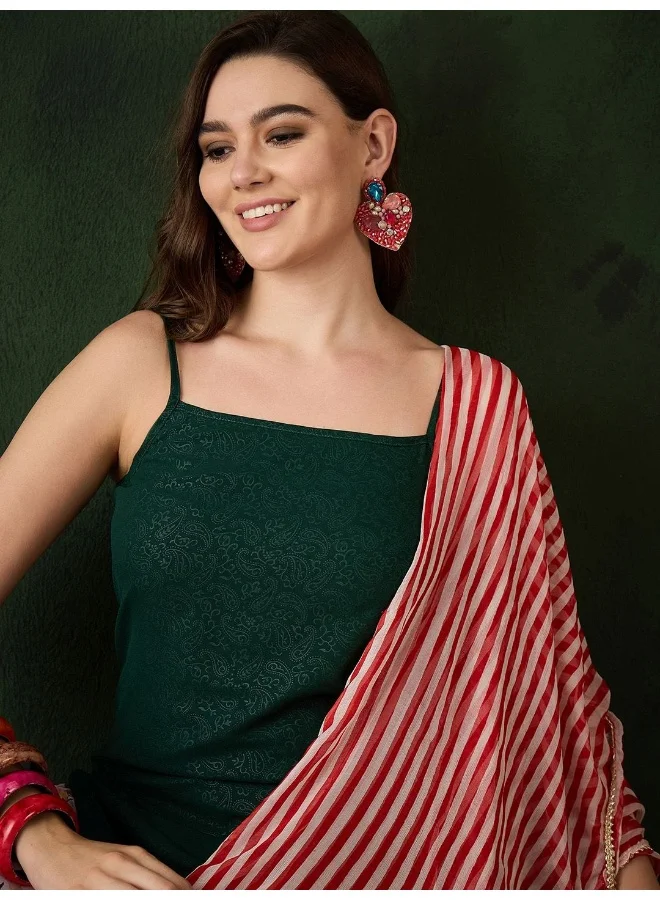 AKS Green Kurta with Floral print palazzo and leheriya Dupatta