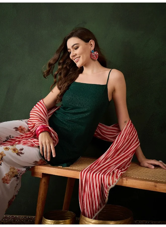 AKS Green Kurta with Floral print palazzo and leheriya Dupatta