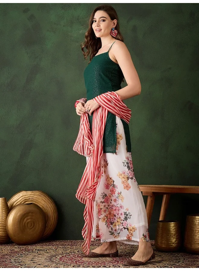 AKS Green Kurta with Floral print palazzo and leheriya Dupatta