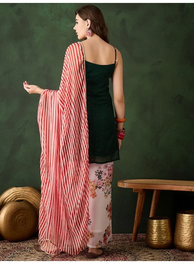 AKS Green Kurta with Floral print palazzo and leheriya Dupatta