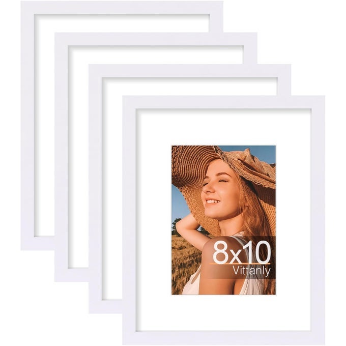 8X10 PICTURE FRAME SET OF 4 DISPLAY PICTURES 5X7 WITH MAT OR 8X10 WITHOUT MAT GALLERY WALL FRAME SET FOR WALL OR TABLETOP DISPLAY ENGINEERED WOOD WITH SHATTER RESISTANT PLEXIGLASS WHITE