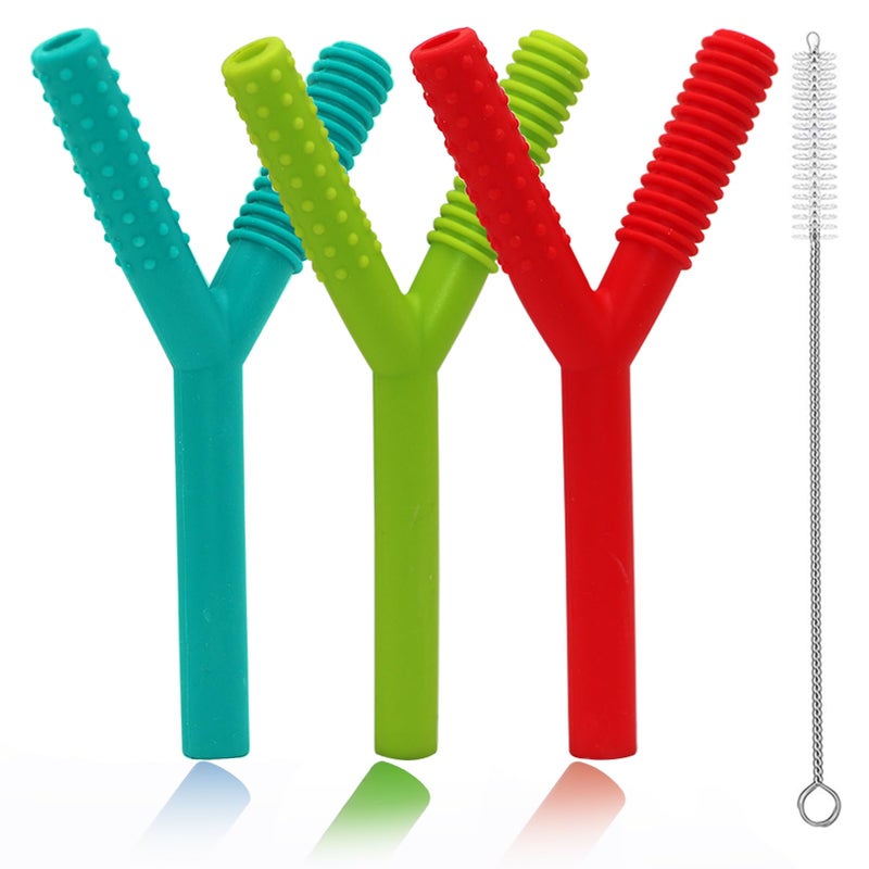 Teether Tubes for Babies 36 Months 3 Pack Silicone Hollow Chew Tube Toy for Autistic Children Y Shape Chewable Straw Baby Teether Toys for Infants Autism with Teething Nursing Biting Chewing