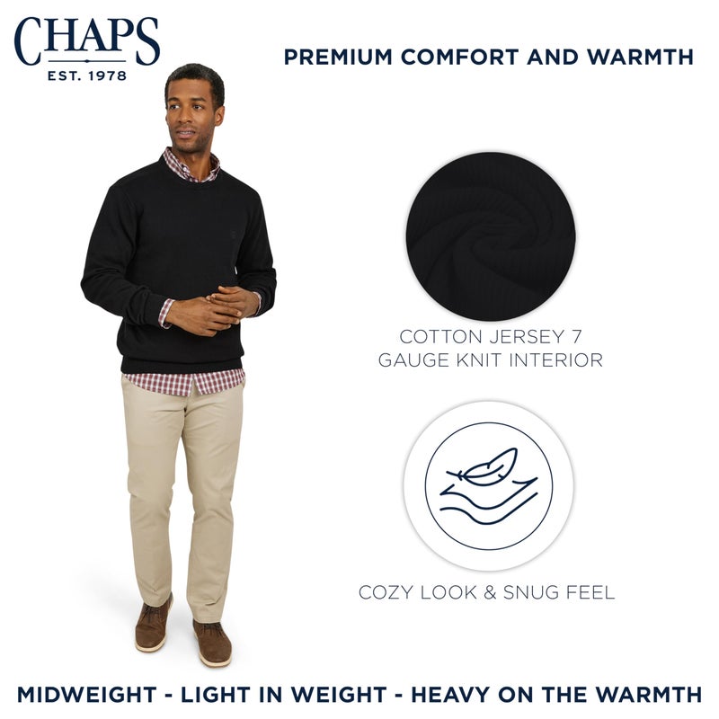 Chaps Men's Classic Fit Long Sleeve Cotton Jersey Midweight Crewneck Sweater, Jet Black, Large - Image 3