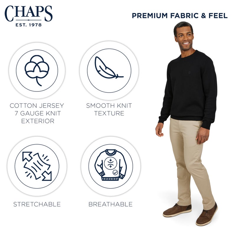 Chaps Men's Classic Fit Long Sleeve Cotton Jersey Midweight Crewneck Sweater, Jet Black, Large - Image 5