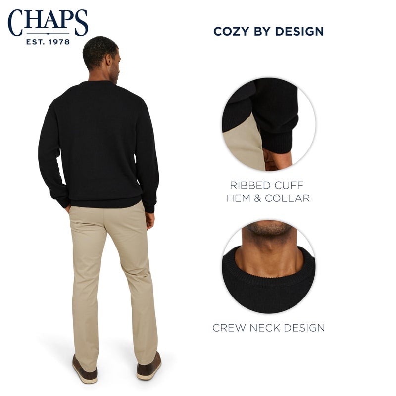 Chaps Men's Classic Fit Long Sleeve Cotton Jersey Midweight Crewneck Sweater, Jet Black, Large - Image 4
