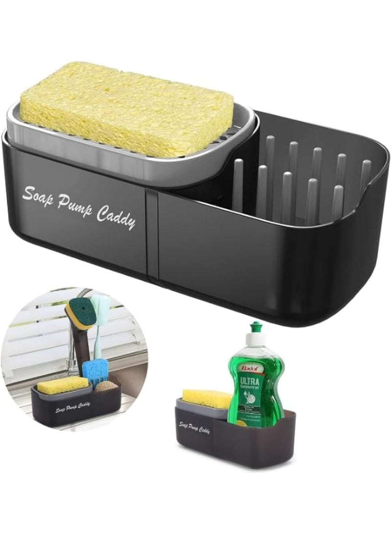 Cazadora Kitchen Soap Dispenser with Sponge Holder — 2-in-1 Dishwashing Liquid Container and Organized Sponge Caddy for Modern Kitchens, Compact Countertop Pump Bottle with Integrated Drip Tray and Sponge Cradle — Durable Plastic, Slim Black Design for Sink Edge or Countertop, Easy One-Hand Pump, Hygienic Low-Splash Dispensing, Ideal for Home, Apartment, Office, Rental & Gift — Space-Saving, Easy-Refill, Lightweight 0.35 kg, Dimensions 15×9×10 cm — Perfect for KSA households seeking neat, modern, efficient dishwashing organization and tidy sink aesthetics - Image 1