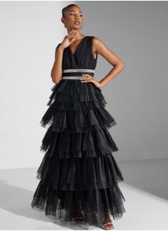 True Decadence Diamante Belted Tulle Maxi Dress  - Image 1